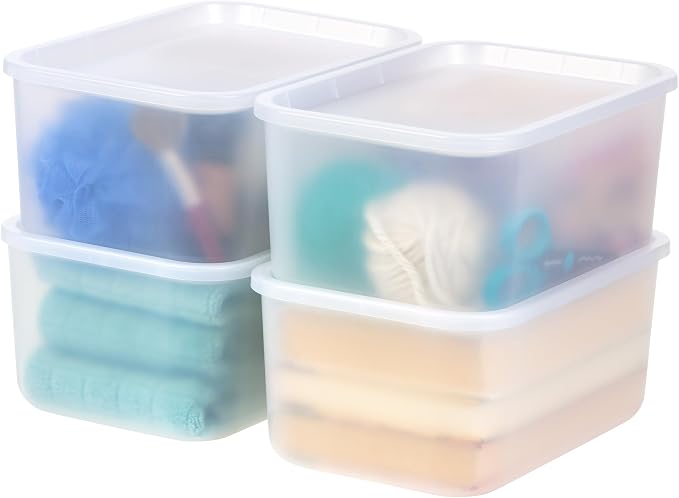 IRIS USA 7 Qt. Plastic Basket Storage Bins with Lids, Small, 4-Pack, Stackable Lidded Storage Organizer Bins for Kitchen, Bathroom and Bedroom, Pearl