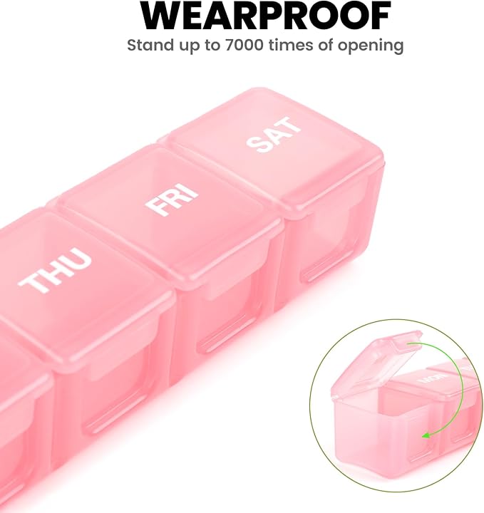 Sukuos Extra Large Daily Pill Organizer 7 Day, Easy to Open Weekly Pill Box Case, Portable Medicine Case Vitamin Holder with Clear Lid for Fish Oils or Supplements (Light Pink)
