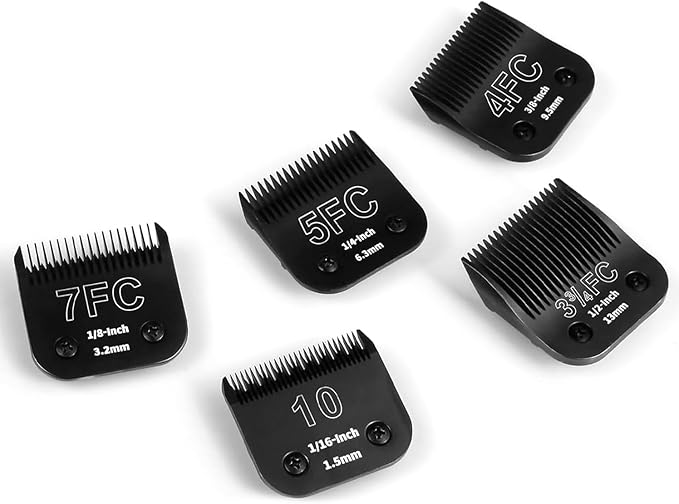 5 Pack Detachable Dog Grooming Steel Blades,Compatible with Andis,Oster A5,Wahl KM-10 Series,Cutting Length 1/16" to 1/2"(10+7FC+5FC+4FC+3-3/4FC-black)