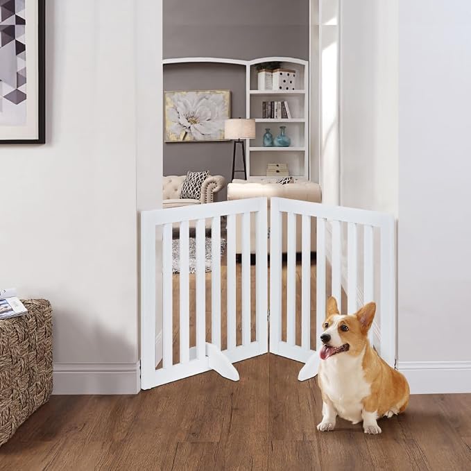 unipaws 24”H Free Standing Pet Gate for Dog Cat, 40”Wide Wooden Dog Gates | Foldable Pet Fence for Doorway, Stairs, Step, Expandable Doggy Barrier, Indoor Use, White