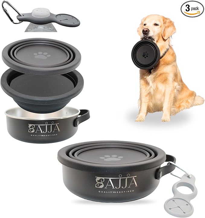 Black Collapsible Travel Dog & Cat Bowl – BPA-Free Silicone & 18/8 Stainless Steel, Portable Non-Slip Food & Water Bowl with Handle, Bottle/Poop Bag Holder – Claim Your