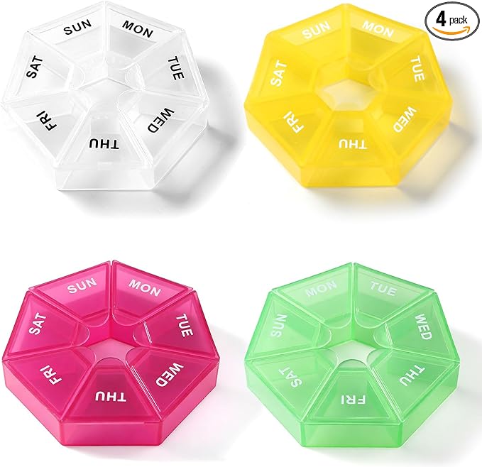 4pcs Travel Pill Organizer, Small Portable Pill Box, 7 Compartment | Weekly Medicine Dispenser, Vitamin Supplement Holder Reminder, Arthritis-Friendly(Yellow,Light Green,Transparent,Rose Pink)