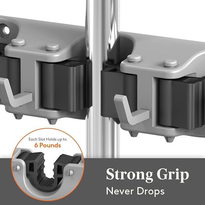 Lifewit Mop and Broom Holder Organizer Wall Hanging Mount, Gray, 1 Pack | Anti-Slip Broom Storage for Cleaning Organizer, Easy Install Tool Hanging Rack with 5 slots & 6 hooks for Kitchen, Garage