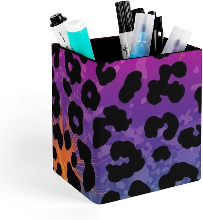PU Leather Pen Pencil Holder Hot Pink Purple Cheetah Leopard Print Pencil Organizer Desktop Accessories Square Stationery Container Box for Office Work