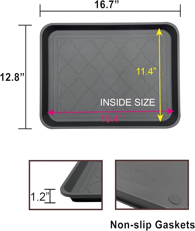 PetLike Boot Tray for Entryway Indoor, Pet Food Mat Tray, 16.7 x 12.8 inch 2 Packs, Waterproof Rubber Mat for Boots, Shoes, Pets, Garden