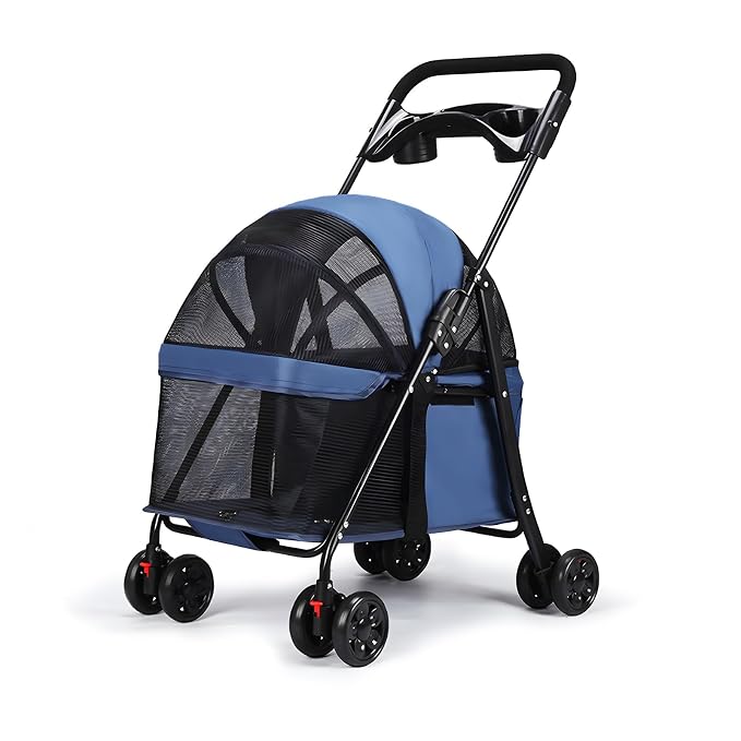 4‑Wheel Foldable Pet Stroller, Travel Strolling Cart for Small & Medium Dog | Breathable Visible Mesh Window, Cup Holder & Storage Basket, Rear Wheel Dual Brake, Portable Folding Design Navy Blue