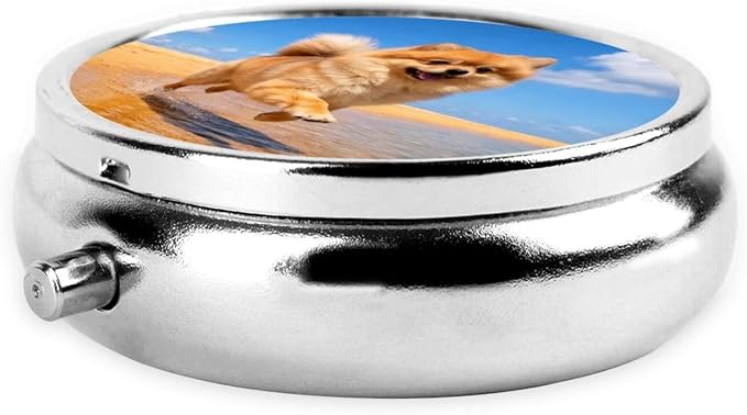 Pomeranian On The Beach Portable Pill Organizer | 3 Compartment, With Mirror, For Men Women, For Daily Supplements, Vitamins, Fish Oil, Jewelry, Candy, Travel