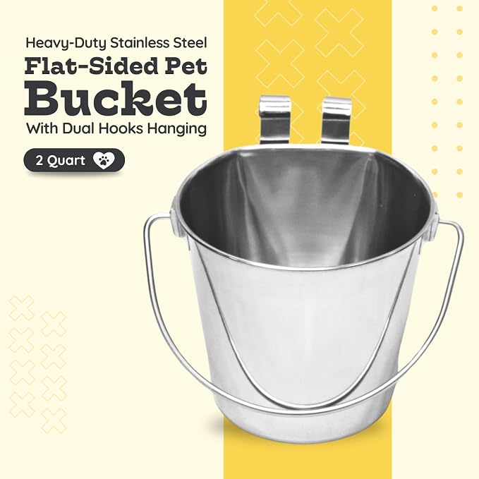 Stainless Steel Flat Side Bucket with Dual Hooks 2 Quart (0.5Gallon)– Heavy Duty Hanging Dog Water & Food Bowl Kennel, Cage & Crate, Durable Pet Pail for Dogs, Cats, Birds & Small Animals