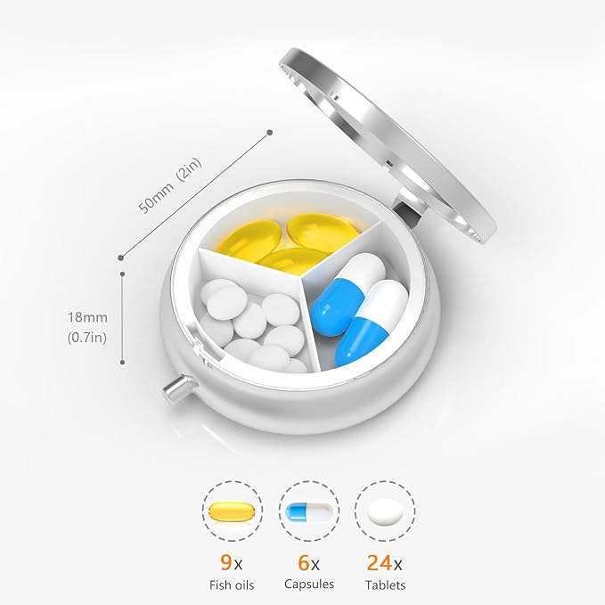 Pill Box-3 Compartment Small Pill Case for Purse & Pocket Mini Metal Pill Holder Travel Pill Container to Hold Supplements Vitamins BPA-Free (Leaves)