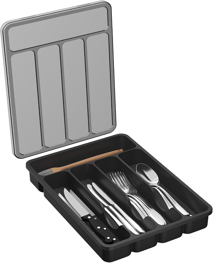 Lifewit Silverware Organizer with Lid, Covered Utensil Tray, 9.5x12.7 | Plastic Cutlery Storage Box for Kitchen Drawer and Countertop, Flatware Case Holder for Spoons Forks Knives, Black