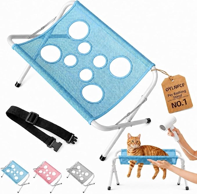 Cat Grooming Hammock,Foldable Pet Table For Dogs Home,Dog Bath Stand | Painted Iron Frame,Soft Breathable Sling,Secure Restraint,Portable Design,Small Breeds,Nail Care,Washing Support(Blue)