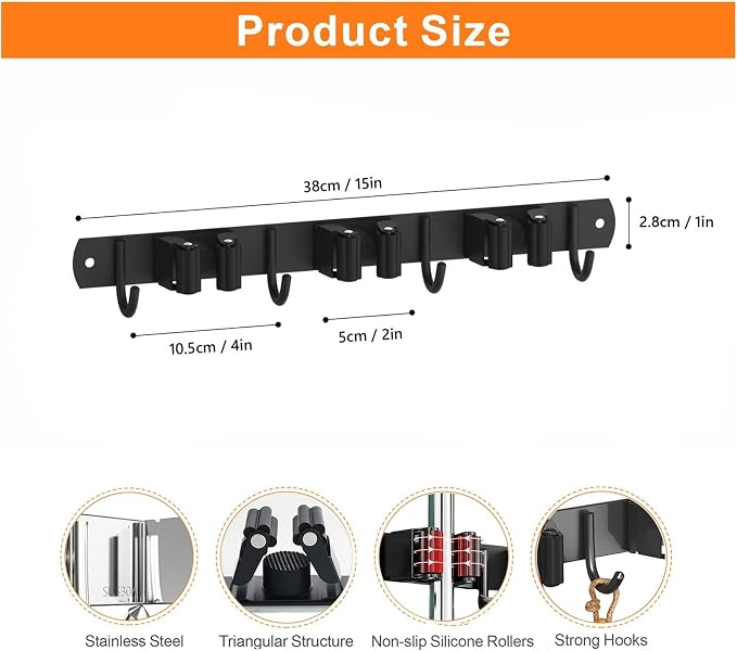 CUXIXA Mop and Broom Holder Wall Mount, Upgraded Broom Organizer Wall Mount, Stainless Steel Broom Hanger Wall Mount for Kitchen Garden Laundry Room Decor (3 Racks with 4 Hooks Black)