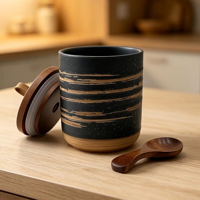 10oz Ceramic Food StorageContainer with Lid & Spoon,Sugar Bowl,Airtight Coffee Matcha Containe,Loose Leaf Tea Storage,Salt Cellar,Spice Jar(Black Spiral Pattern)