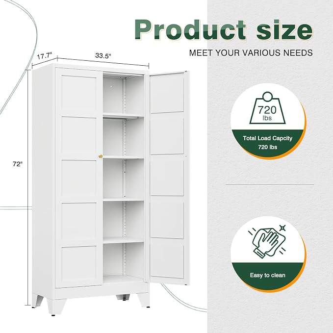 72" H Metal Storage Cabinet with 2 Doors and 4 Shelves,Tall Kitchen Pantry Cabinets,Utility Pantry Organizers for Cupboard/Dining/Bathroom/Home Office/Garage (White, 72" H x 18" D x 33.5" W)