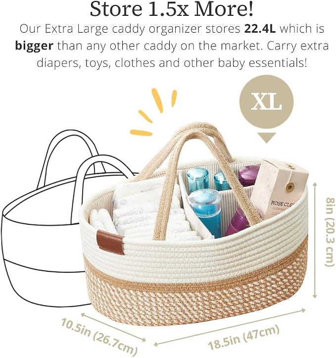 DECOMOMO XL Baby Caddy Organizer, Extra Large Diaper Caddy Basket | Baby Baskets for Baby Shower Gifts (Spiral Beige & White)
