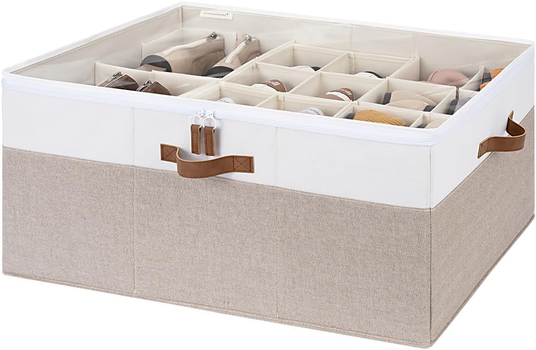 StorageWorks 24-Pair Large Shoe Organizer for Closet, Brown and White | Adjustable Dividers, Holds up to 24 Pairs, Foldable, Clear Lid, Soft Handles, Fits Sneakers, Sandals & Flats, For Mudroom