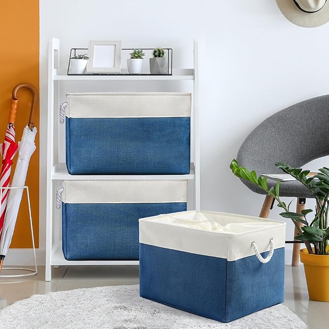Organization and Storage Basket for Shelves - Jumbo 3 Pack 20x16x14 inch Collapsible Storage Bins for Organizing, Canves Storage Cubes for Gift Organizer Toys Closet (White & Jean Blue)