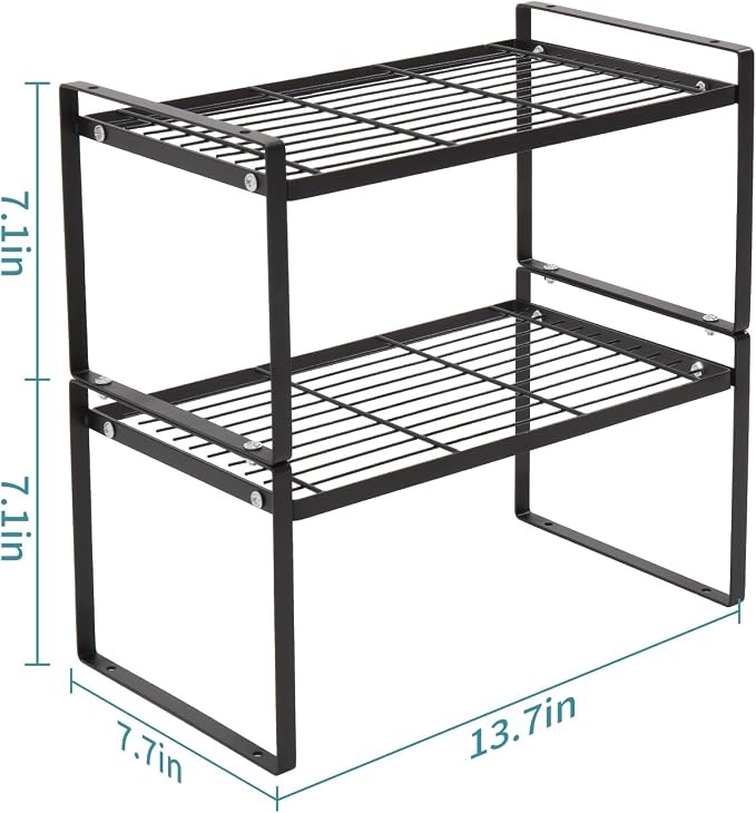 MiaLi Cabinet Organizer Shelf, Set of 2 Metal Counter Shelves Spice Rack, Stackable Kitchen Bathroom Organizers and Storage, Black
