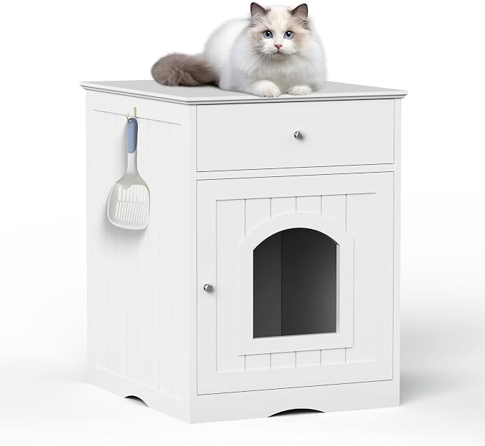 NicBex Cat Litter Box Enclosure with Drawer and Single Door Hidden Litter Box Furniture Pet Crate Covered Nightstand,Night Stand Cat House Indoor,White,18.9'' W