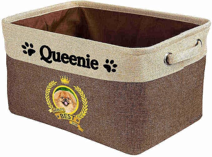 Custom Name Collapsible Dog Toy Storage Basket Bin World's Best Dog Happy Pekingese Dog Foldable Pet Toy Box Closet Shelf Baskets Organizer for Bedroom Home Dog Cat with Handles Brown