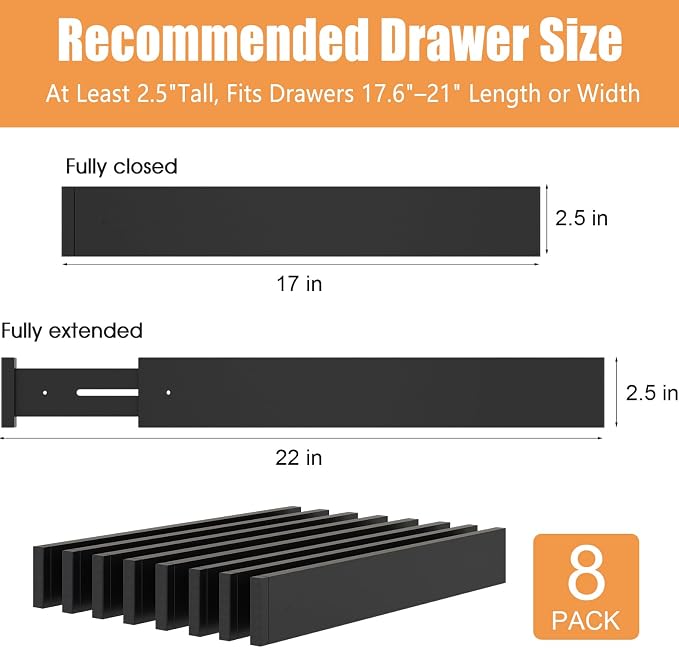 Bamboo Drawer Dividers, Adjustable Drawer Organizers, Fits 17.6–21" Drawers | 2.5" High, 8 Pack Expandable Drawer Separators for Kitchen, Nursery, Dressers & Office Storage, Black