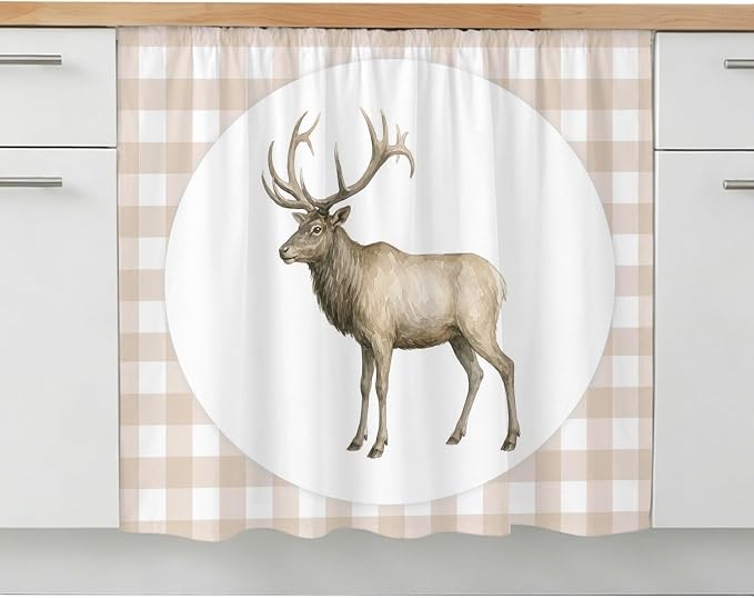 Majestic Buck Oven Skirt Curtain for Kitchen Decor 28"x35", Modern Natural Buck Rustic Farmhouse Plaid Self Adhesive Stove Curtains Skirt Cabinet Curtains for Bathroom Laundry Room