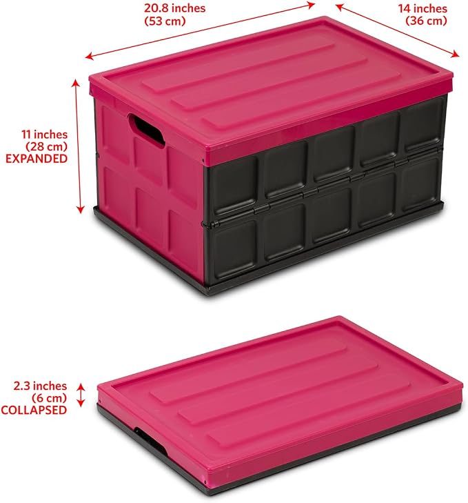 Glad Collapsible Storage Bin with Lid - 48L Foldable Plastic Box for Garage, Car Trunk, and Organization - Stackable Lidded Container with Handles, Purple