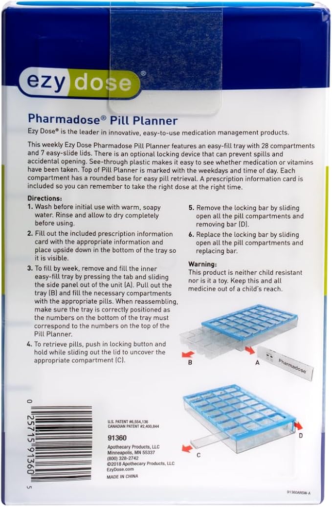 Ezy Dose Pharmadose Weekly 7-Day, 4X/Day Pill Organizer, Green, Medium | 28 Medium Compartment Pill Case, Medicine Planner, Vitamin Organizer with Easy Fill Tray, BPA Free