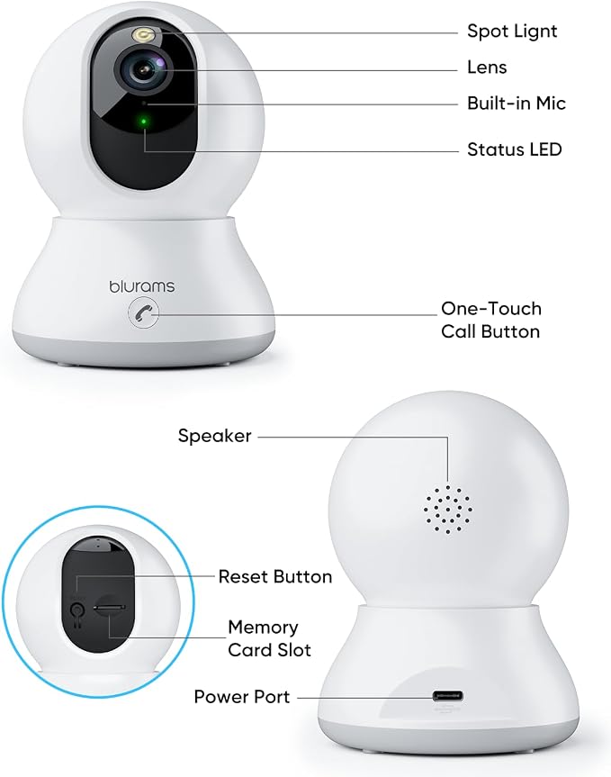 blurams 8MP Indoor Camera, 360° PTZ Baby Monitor, Pet Camera with Phone App, One-Touch Call, Free Human/Pet/Motion/Sound/Cry Detection, Dual-Band WiFi 6, Compatible with Alexa