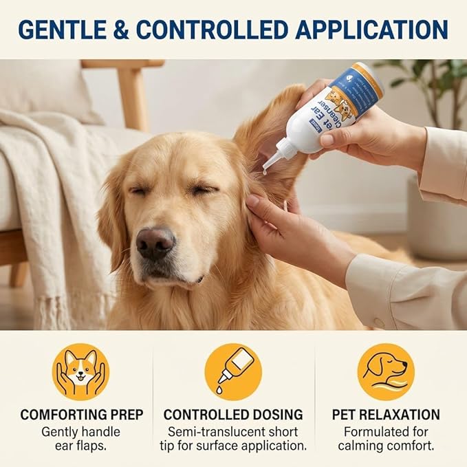 Dog Ear Wash - Gentle Cat Ear Cleaner Solution, Removes Ear Wax Debris and Ear Odor, Pet Ear Drops Liquid for Routine Ear Care, 6 fl oz