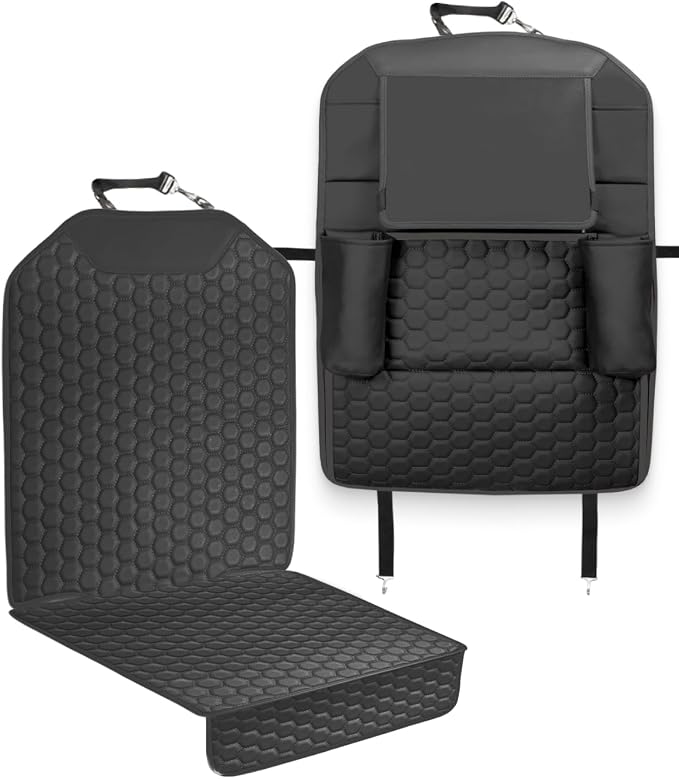 Owleys Back Seat Organizer for Kids with Seat Protector, Black Set | Hanging faux leather organizer, 8 pockets and a clear tablet pocket, with a kick mat that shields the seat back.