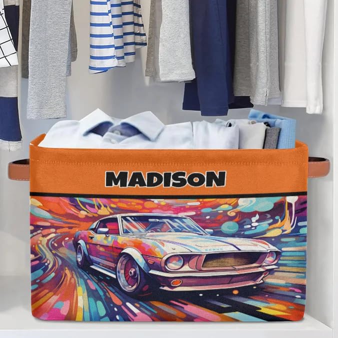 Custom Rectangle Storage Basket, Personalized Name Organizer Bins for Pet/Children Toys, Books, Clothes, Perfect for Rooms/Playroom, Watercolor Painted Car
