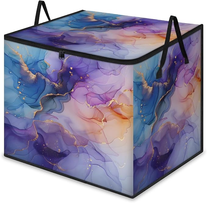 Purple Blue and Gold Marble Large Storage Bags, Fabric Bed Storage Containers, Foldable Closet Organizers for Blanket, Clothing, Comforter, Bedding, Abstract Modern