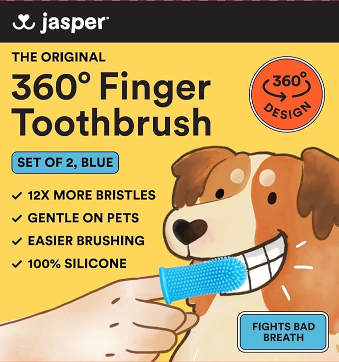 Jasper Dog Toothbrush, 360 Dog Tooth Brushing Kit, Finger Toothbrush, Cat Tooth Brush, Teeth Cleaning, Pet Tooth Brush for Small & Large Pets, Pet Toothpaste Not Included, 2-Pack Blue