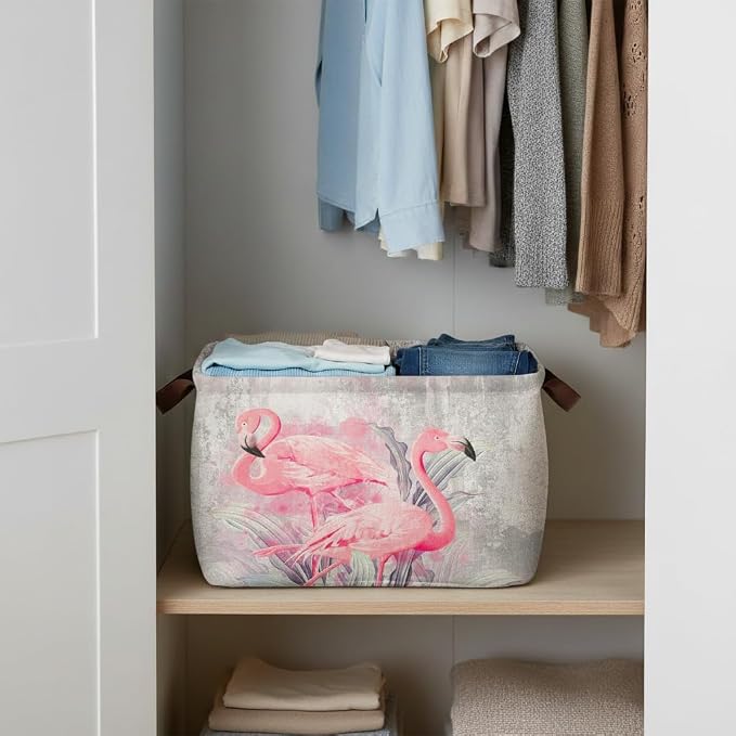 Flamingo Storage Basket Waterproof Canvas Toy Storage Bin Home Flamingo Decor Collapsible Outdoor Basket with Leather Handles Flamingos Gifts Blanket Baskets For Closets,Bedrooms,Bathroom