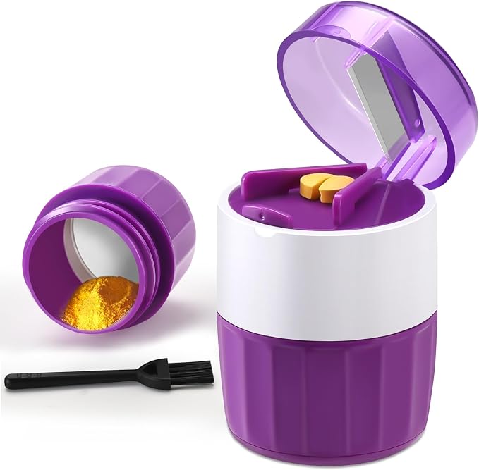 3-in-1 Pill Crusher and Cutter (Purple) | Pills Crusher Fine Powder with Stainless Steel Grinding Head, Storage for Tablets, Cutter Splitter for Small and Tiny Pills