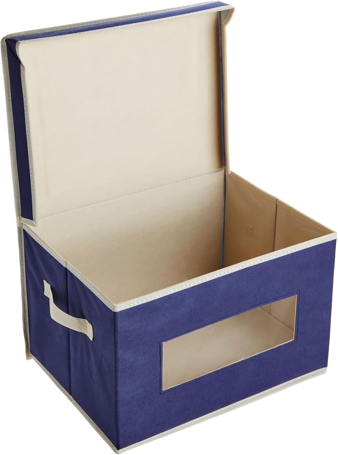 Juvale Fabric Storage Bins with Lids - Under Bed Storage Organizers - Collapsible Cube Organizer with Window - Stackable Closet Bins with Handles - Pack of 3, Navy Blue, 16.25" x 12" x 10"