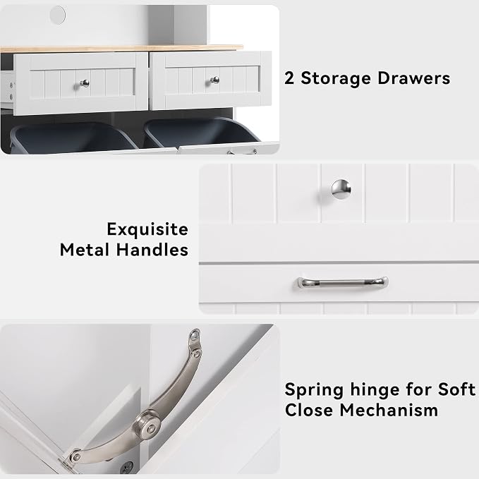 LOUVIXA 68.4" Kitchen Pantry Storage Cabinet, Freestanding Cupboard with Shelf, 2 Drawers and 1 Tilt Out Trash Cabinet, Tall Cabinets for Kitchen, Dinning Room, Living Room (White, Double Tilt)