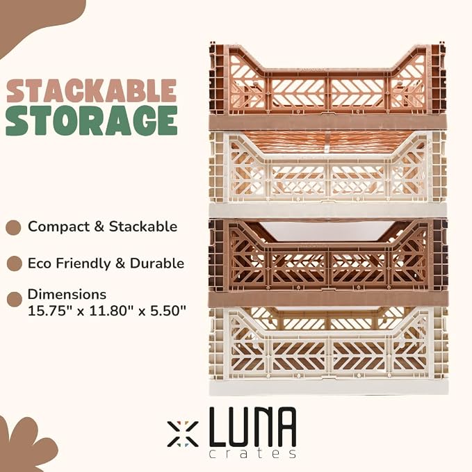Collapsible Storage Box, Foldable Crate Organizer Bin with Handle, Stackable Crates for Home Organization (Warm Taupe - Coconut, 14L - 4 Pack)
