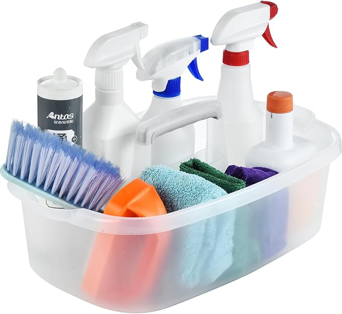 Large Cleaning Caddy with Handle, Cleaning Tool Storage Basket Organizer, Sturdy Pail Bucket Organizer, Household Bucket for Cleaning Supplies - Clear