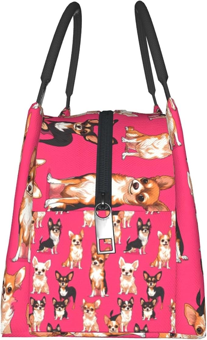 Chihuahua Insulated Lunch Box for Kids Adults Pet Lovers,Reusable Tote Bag with Playful Dog,Portable Lunchbox Handbag,Makeup Bags Organizer Gifts for Work Office Travel Picnic,11x6.3x6.7in