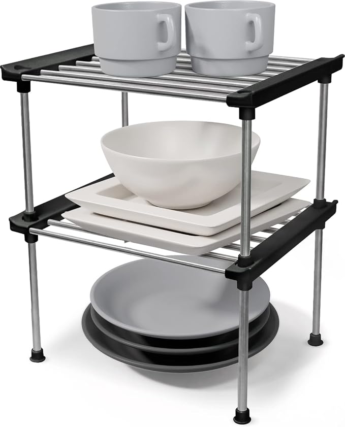 Set of 2 Stackable Cabinet Organizer Shelf 9.8 x 7.8 x 6.1 Black | Kitchen Counter Shelves, Kitchen Cabinet Organizers and Storage, Pantry Storage Shelf Organizer