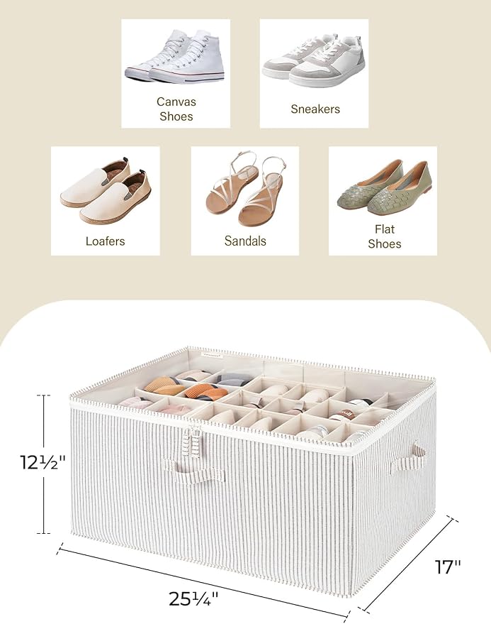 StorageWorks Shoe Organizer for Closet, Fits up to 24 Pairs, Shoe Cubby Storage Containers with Adjustable Dividers and Clear Cover, Khaki and Beige Stripes | Adjustable Dividers, Holds up to 24 Pairs, Foldable, Clear Lid, Soft Handles, Fits Boots, San...