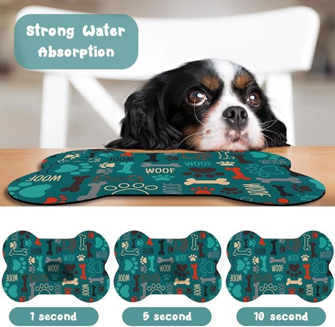 Dog Food Mats for Floors Waterproof, Pet Feeding Absorbent Water Bowl Mat Cat Placemats Green Bone Shape 25.5 * 17 inch