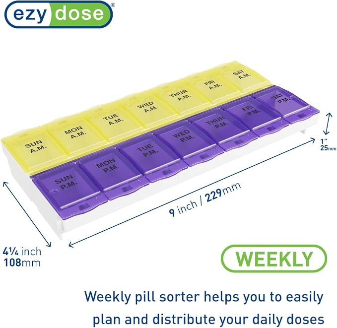 Ezy Dose Weekly (7-Day) AM/PM Pill Organizer, 2XL Planner, Purple/Yellow | Daily Medicine, Vitamin & Supplement Case, 2 Times a Day Pop-Up Compartments, Arthritis-Friendly, Travel-Friendly, BPA-Free