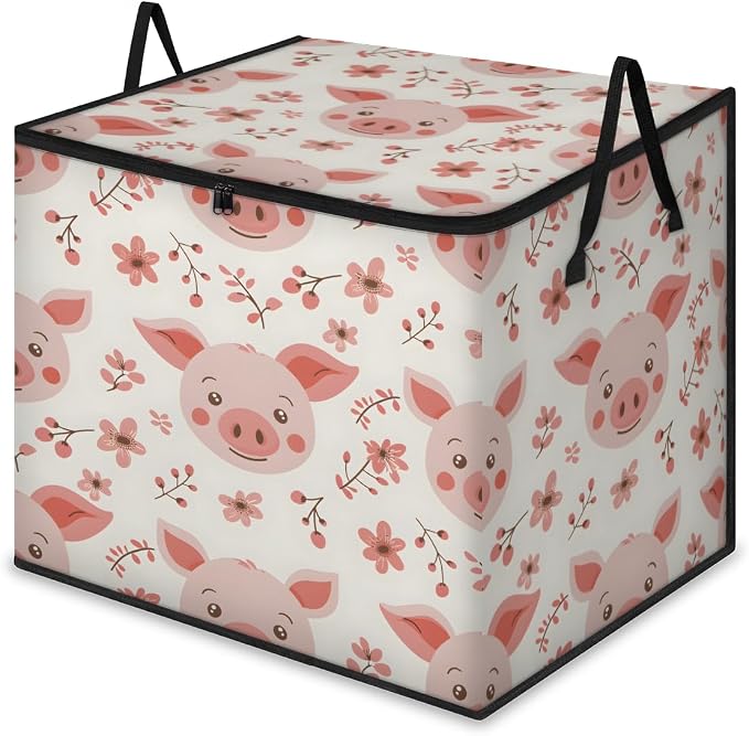 Cute Pig Faces Large Storage Bags, Fabric Bed Storage Containers, Foldable Closet Organizers for Blanket, Clothing, Comforter, Bedding, Pink Pig