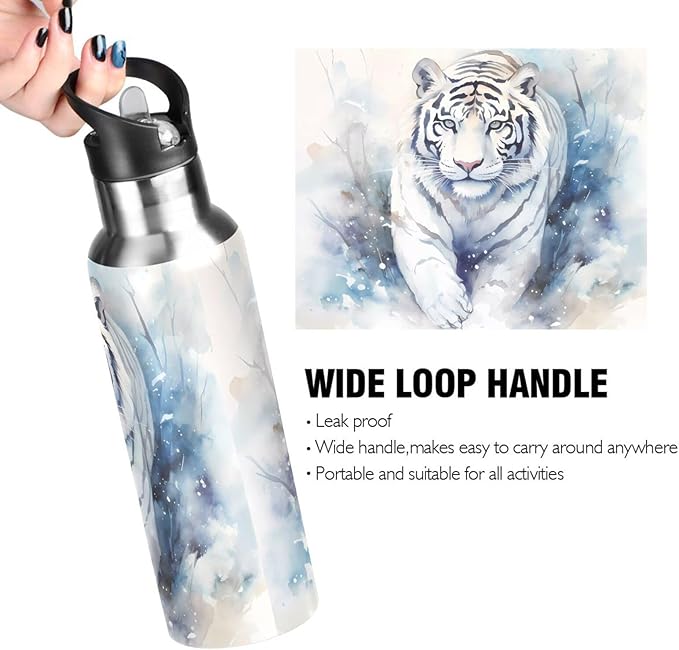Tiger Walk Water Bottle with Straw Lid Kids Insulated Stainless Steel Water Flask Sports, 20 Oz Hot Cold