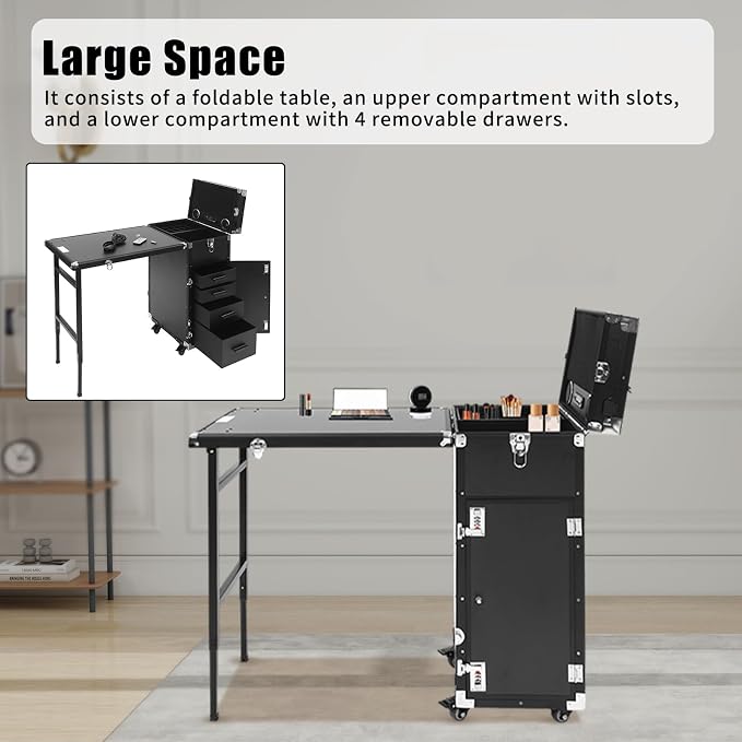 Nail Desk Mobile Station Rolling Makeup Train Case, Foldable Nail Table Manicure Table With Speaker Travel Nail Desk Portable Nail Table Travel Cosmetic Trolley Storage Organizer, Black