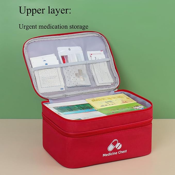 Dual Layers First Aid Bag Empty with Lockable Zipper,Pill Bottle Organizer Storage Bags,Household Medicine Storage Bag for Home Pills Vitamins Emergency Supplies Travel (Red,13.78×9.45×6.69inch)