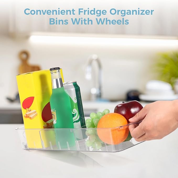 4 PCS Fridge Organizer Bins With Wheels, Roll Out Refrigerator Organizers Storage Refrigerator Drawers With Dividers, Plastic Pantry Storage Trays for Kitchen Organization